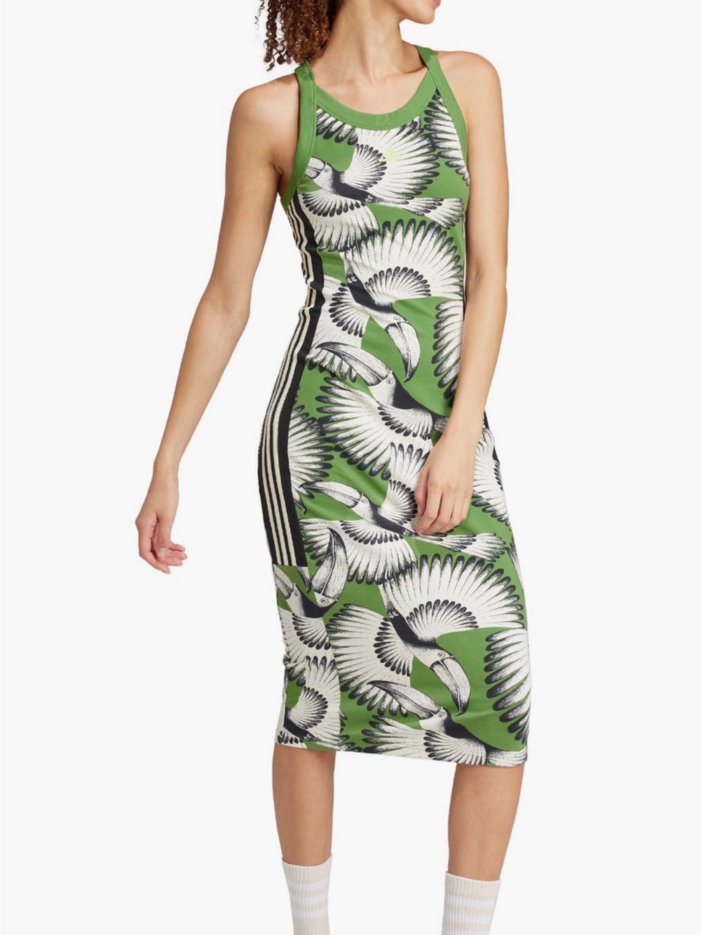 FARM Rio Green Bird-Print Racerback Midi Dress